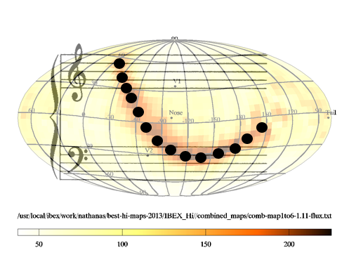 skymap with musical score overlaid with notes filled in.