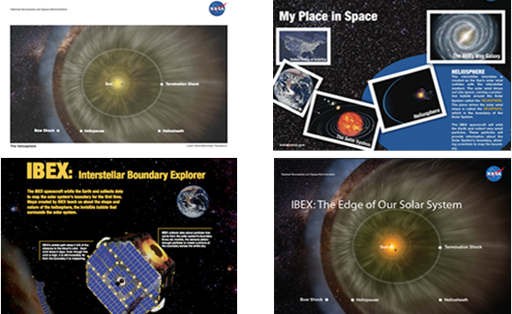 Some examples of the IBEX informal education products available for download, including the heliosphere lithograph, the My Place in Space lithograph, the IBEX mission poster, and the IBEX heliosphere poster.